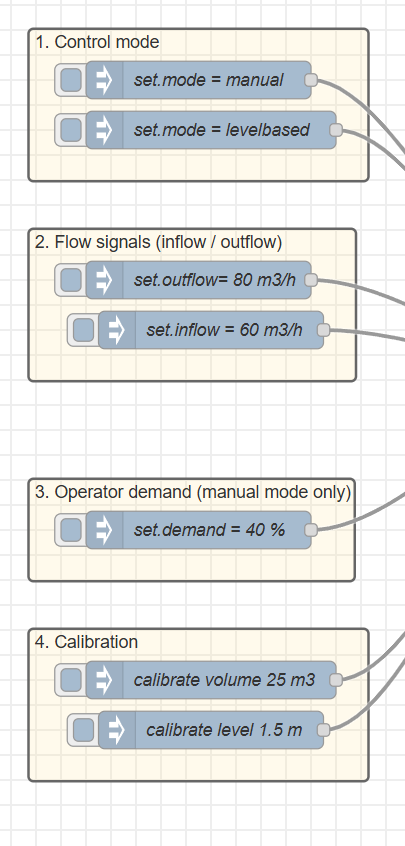 Standalone wiring — inject buttons → pumpingStation → debug